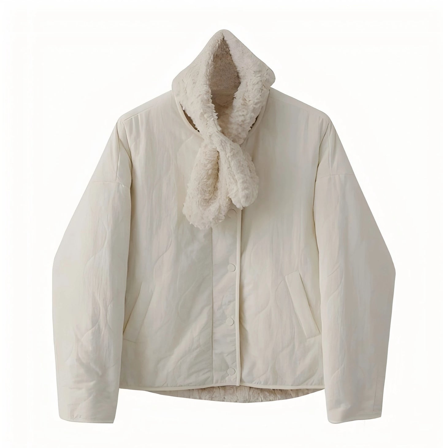 Chic White Winter Coat For Women Loose Fit Padded Jacket With Detachable Fleece Scarf
