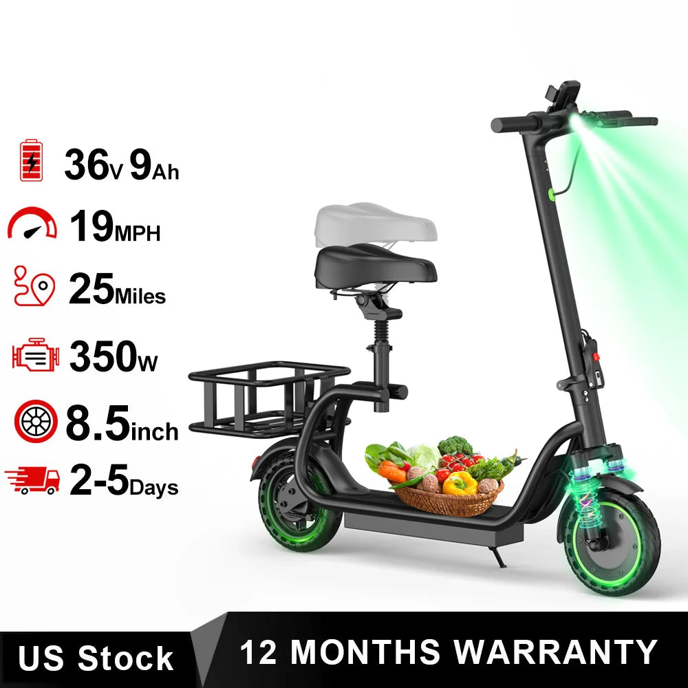 Maxshot 8.5'' Electric Scooter with Seat & basket,350W Motor, Top Speed 19mph, Max 17/25 Miles Ranges, Foldable E-Scooter with Suspension &Adult, Digital Display, Cruise Control