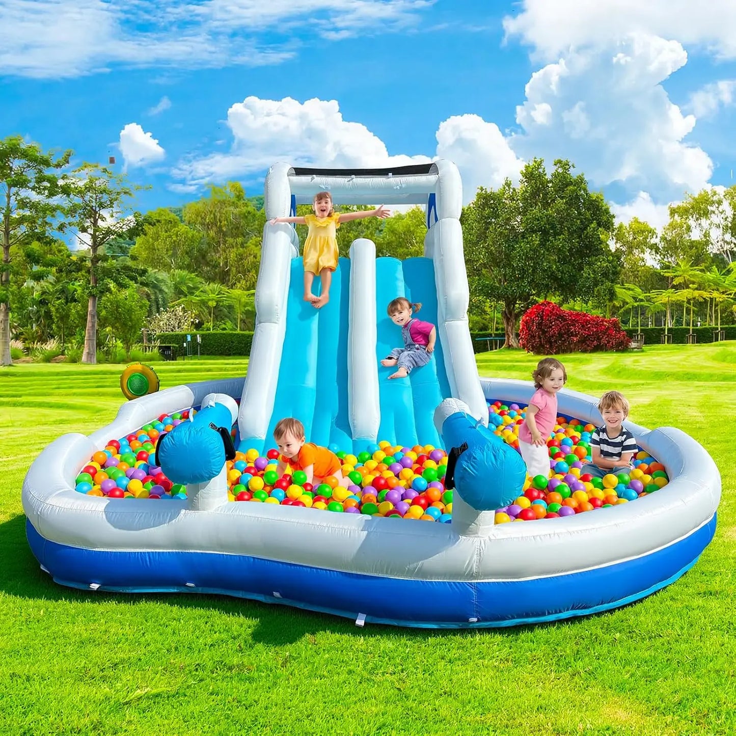 Blue White Inflatable Water Slide With Dual Slides Large Splash Pool Backyard Water Park With Water Cannons Arched Sprinkler