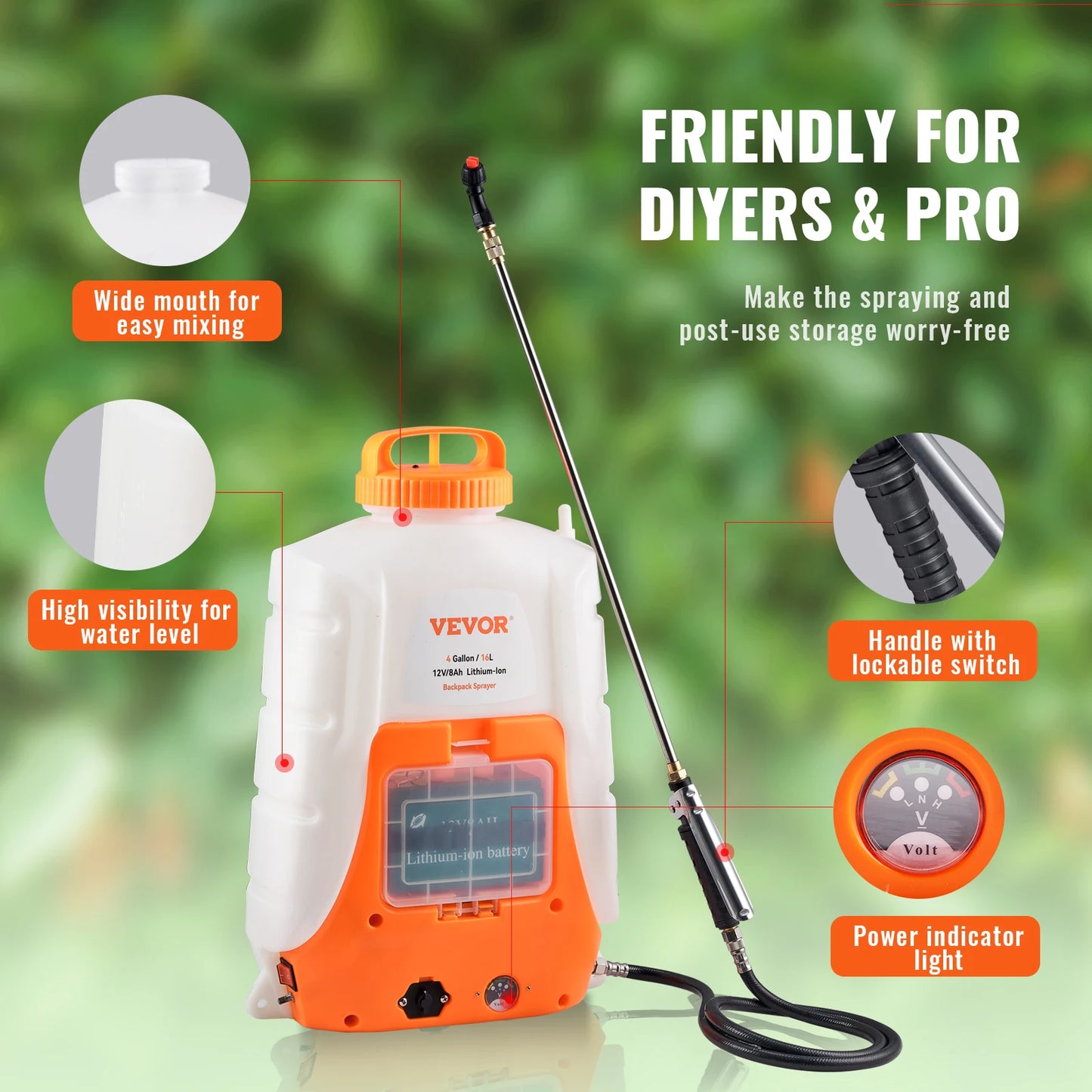 SucceBuy Battery Powered Backpack Sprayer Adjustable Pressure 4 Gallon Tank with 8/ 6 Nozzles 2 Wands for Weeding Spraying Cleaning