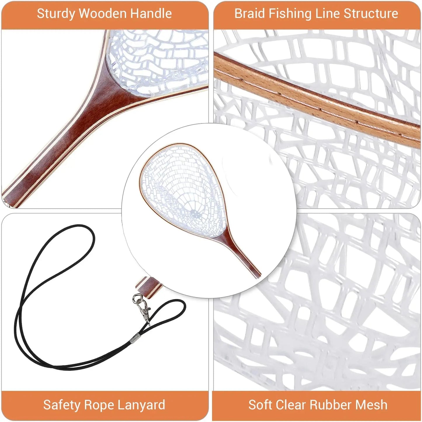 Wooden Frame Fly Fishing Landing Net with Soft Knotless Rubber Mesh, Fish Friendly Catch and Release Net for Trout Bass, Lightweight Wading Tool with Magnetic Release for Angler Gift
