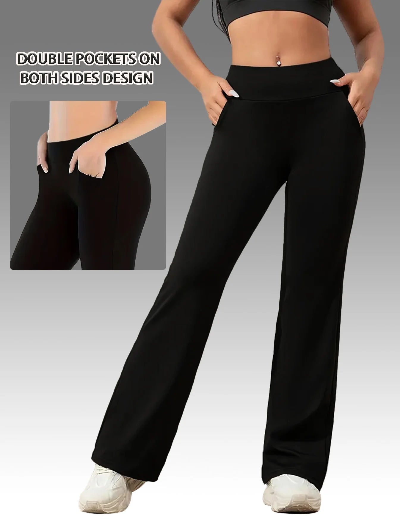 【 3-piece set 】 Popular flared pants for women, slim sports yoga pants with hip lifting, pocket style tri color combination se