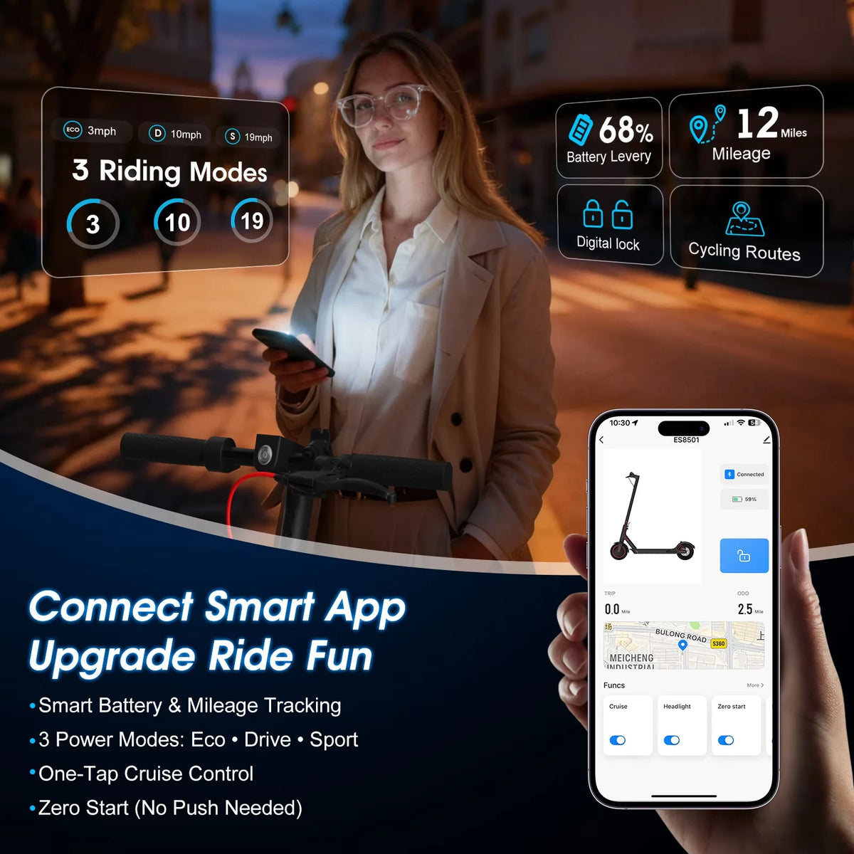 OBX Electric Scooter for Adults with App, Foldable 350W Motor