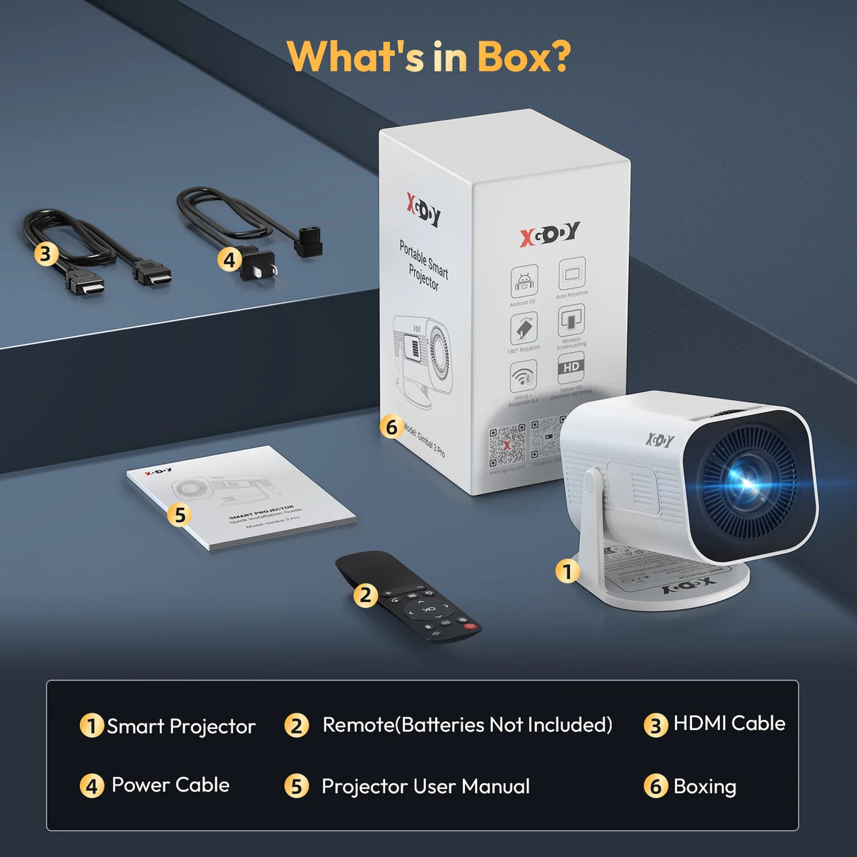 XGODY Gimbal 3 Pro Portable Projector, Native 720P 300 ANSI 4K Supported, Android 14 WiFi 6 BT 5.4, Vertical Auto Keystone Correction Wireless Mirroring, 20-120 Inch Camping Movie Gaming Projector with HDMI USB