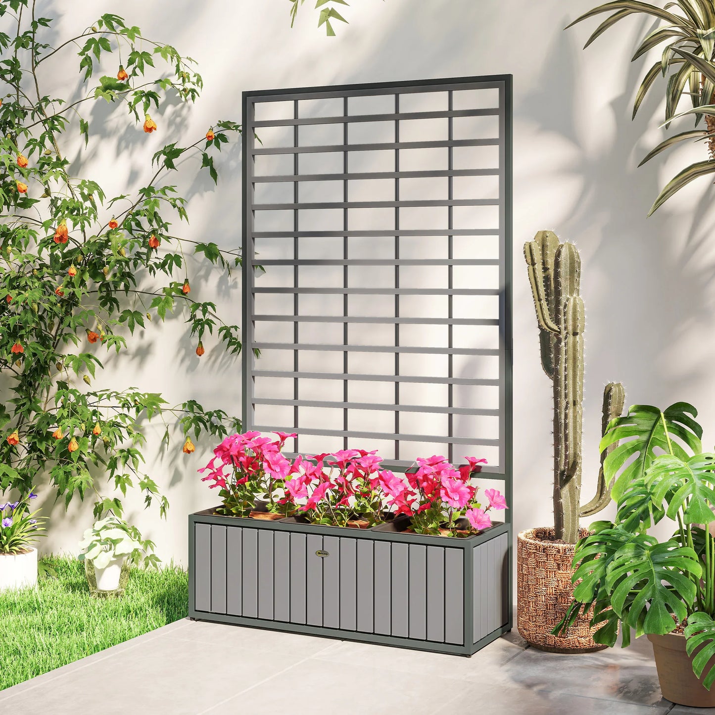 Raised Garden Bed, Planter Box with Trellis, Removable Pots, Gray