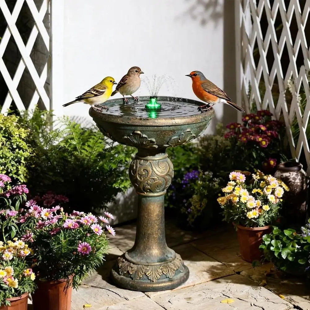 Weather-Resistant Outdoor Water Fountain with LED Lights, Resin Garden Decor for Patio Yard, Bird Bath Feature