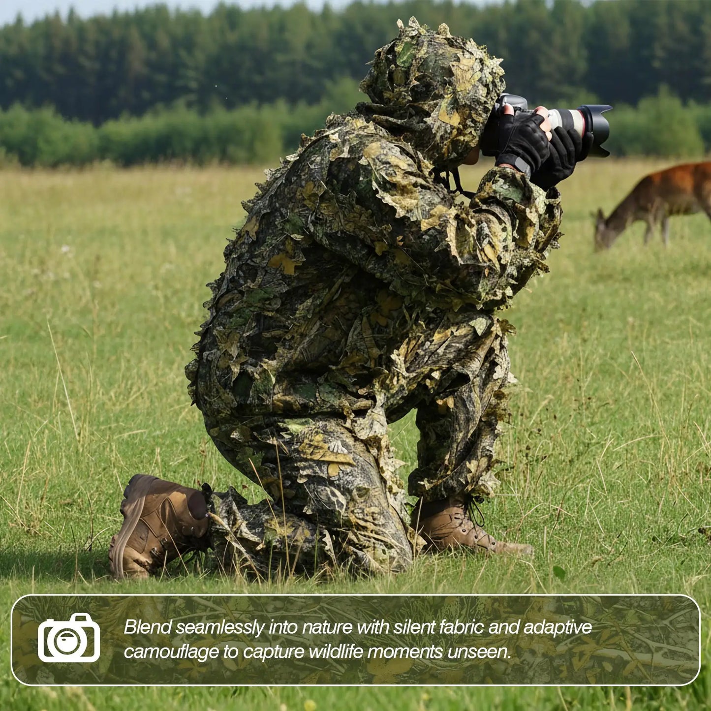 3D Bionic Leafy Ghillie Suit Breathable Camouflage Clothing Outdoor Tactical Sniper Hunting Clothes Lightweight Jungle Woodland Camo Apparel for Men Women Airsoft Paintball Wildlife Photography