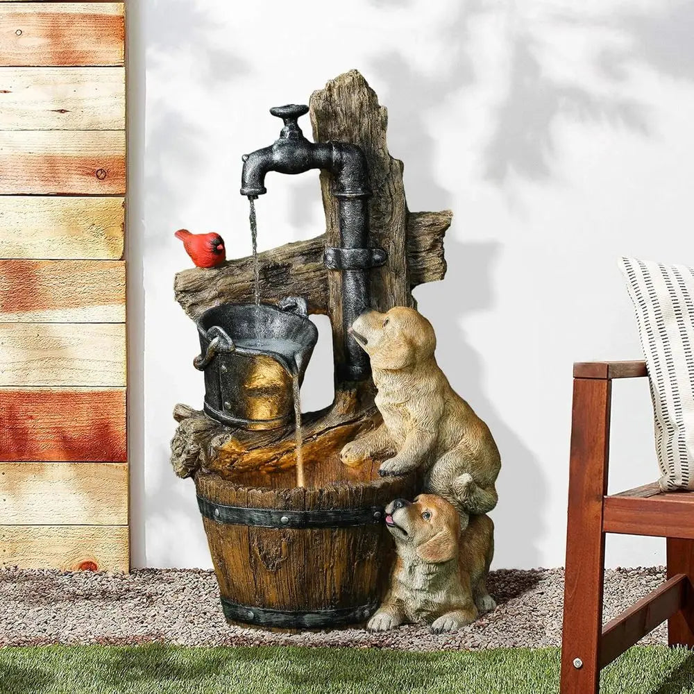 30 Rustic Outdoor Water Fountain with LED Lights, Barrel Puppy Design, Ideal for Garden or Indoor Entryway