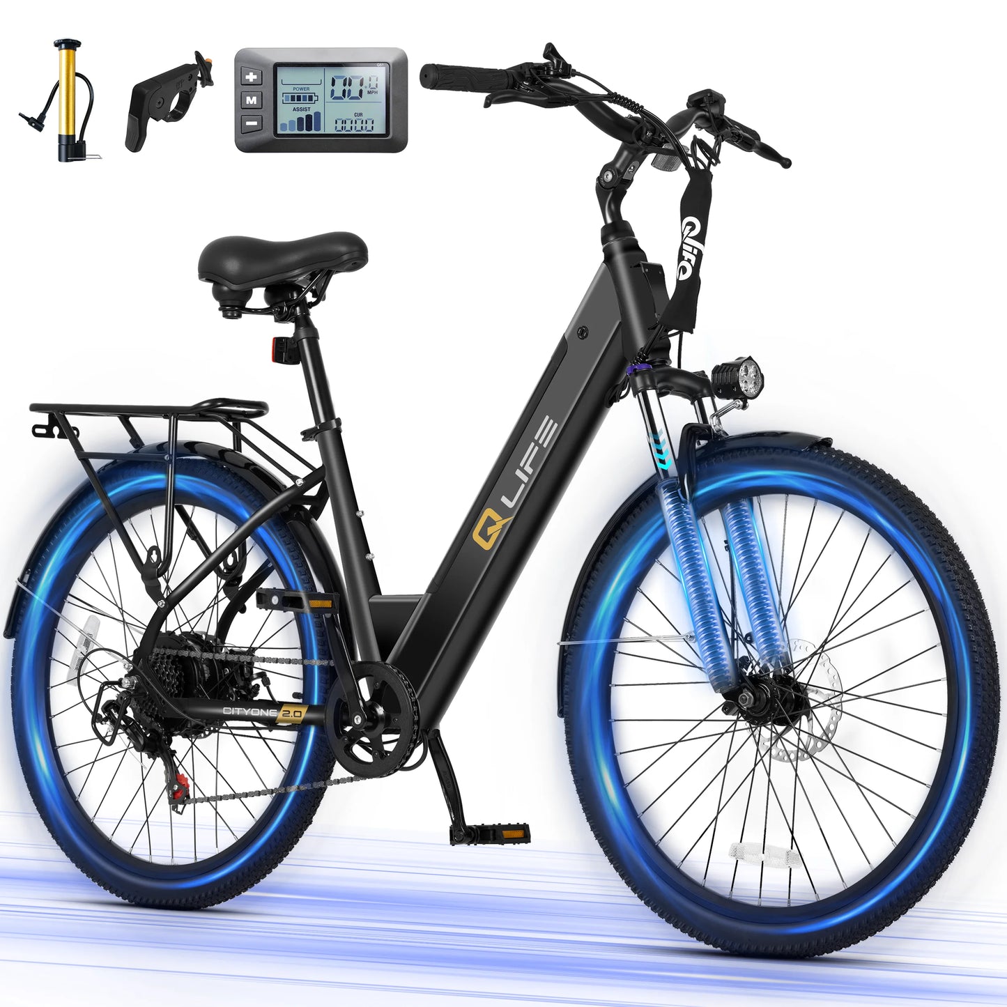Qlife Cityone ST 2.0 26" Electric Bike for Adults, 1200W Peak Motor 48V 10.4Ah Battery, 28MPH 55 Miles, 7-Speed Electric Bicycle with Front Suspension