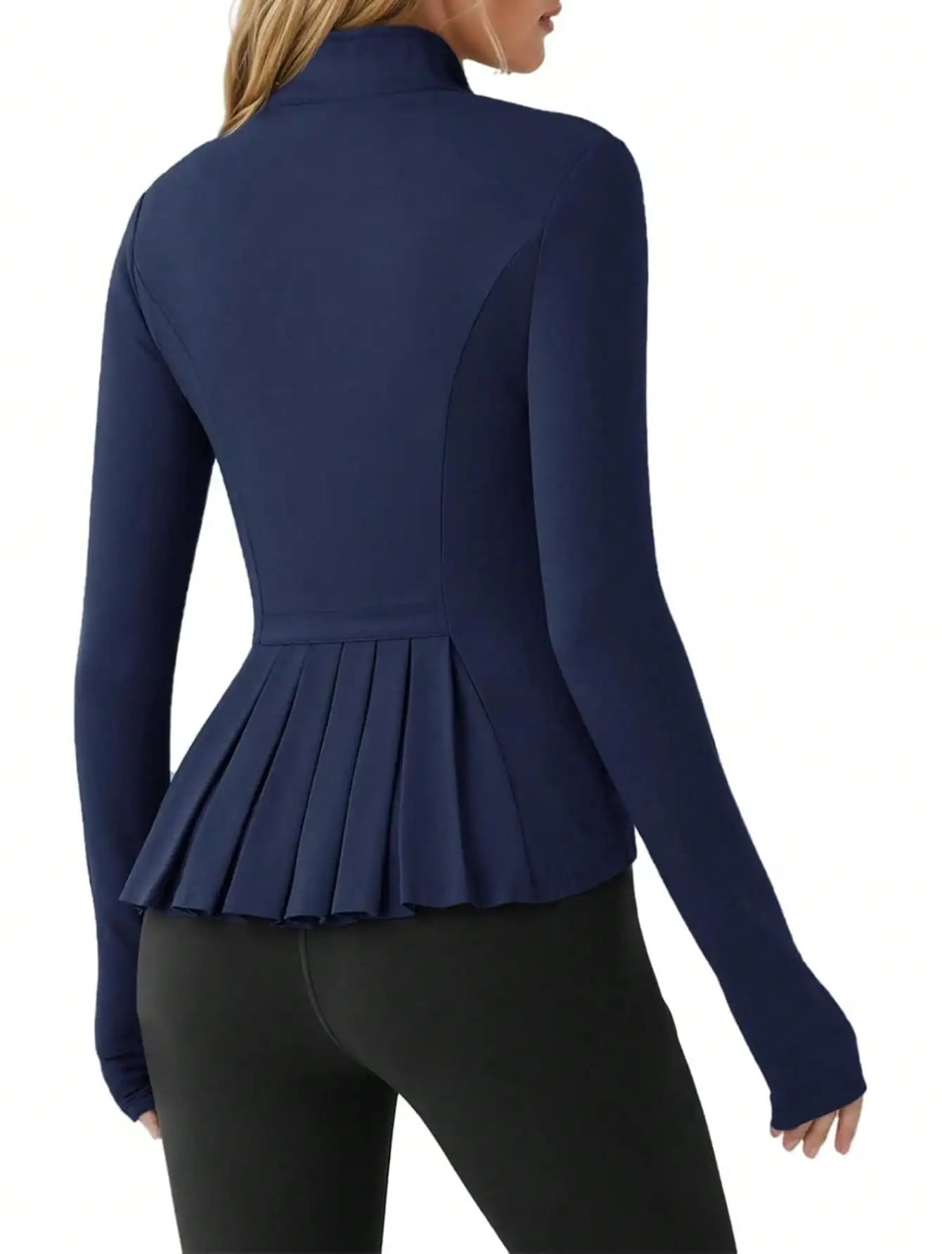 Fisoew Pleated Athletic Jacket, Women's Slim Fit Zip-Up Workout Top With Stand Collar & Thumb Holes, Athleisure Wear