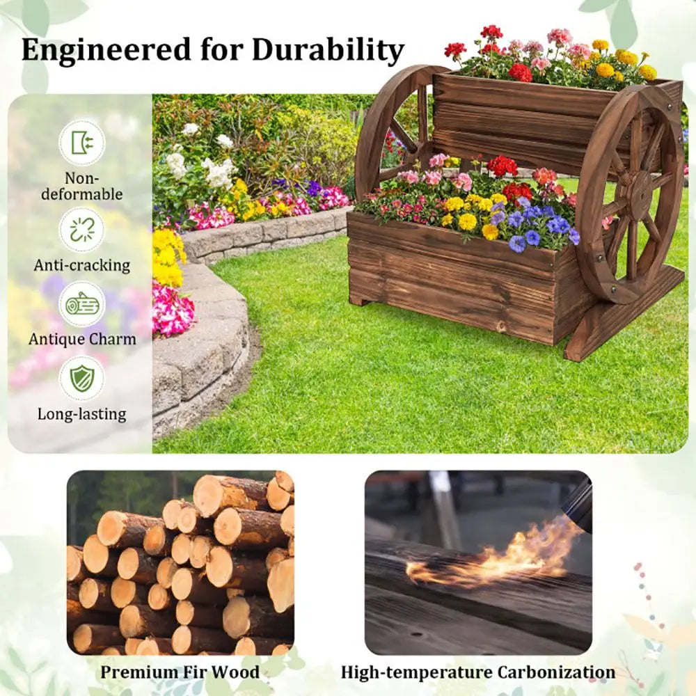 Rustic Wagon Style Two Tier Raised Garden Planter With Drainage