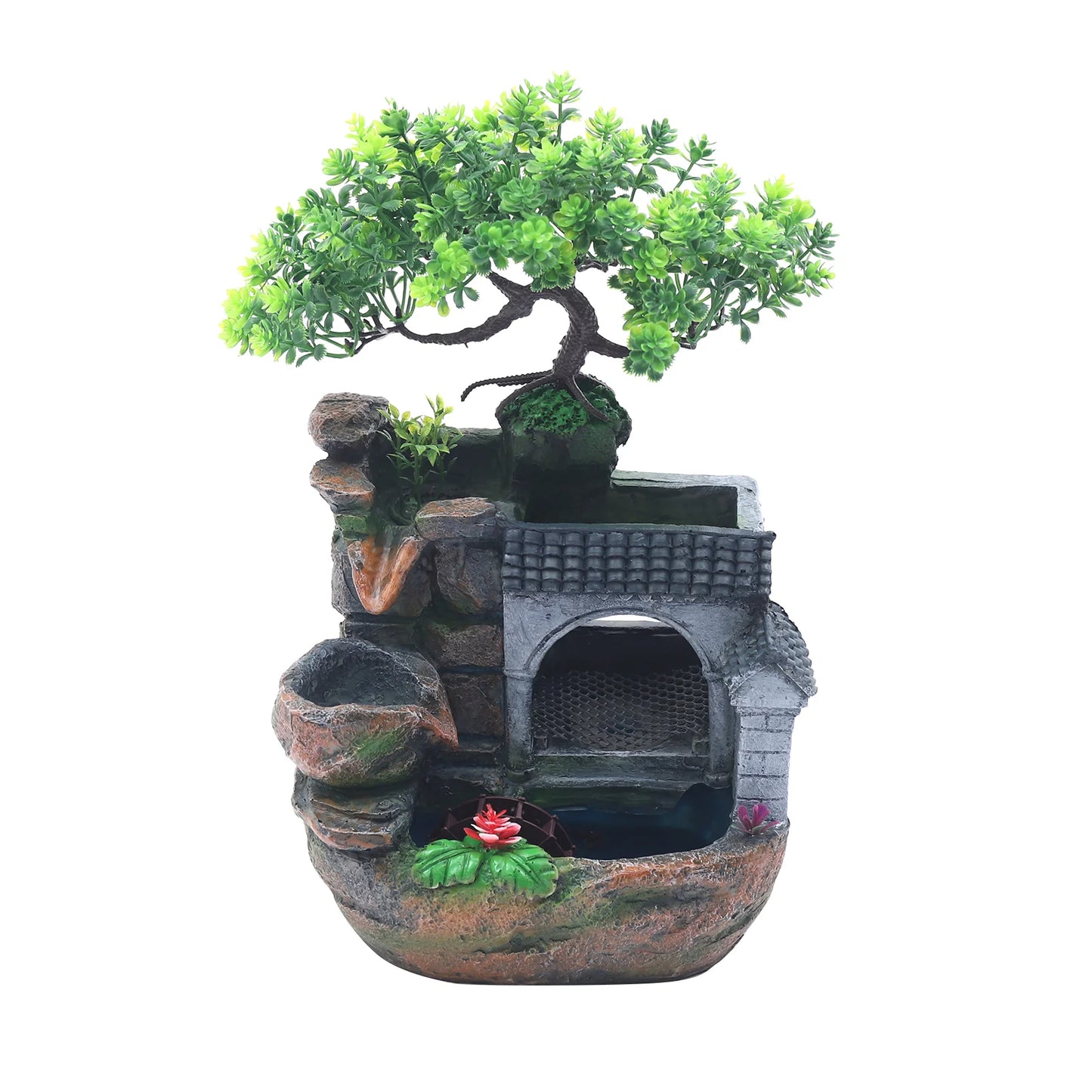 Tabletop Water Fountain with LED Light, Desktop Ornaments Resin Rockery Ornament for Office Living Room Desk Decor