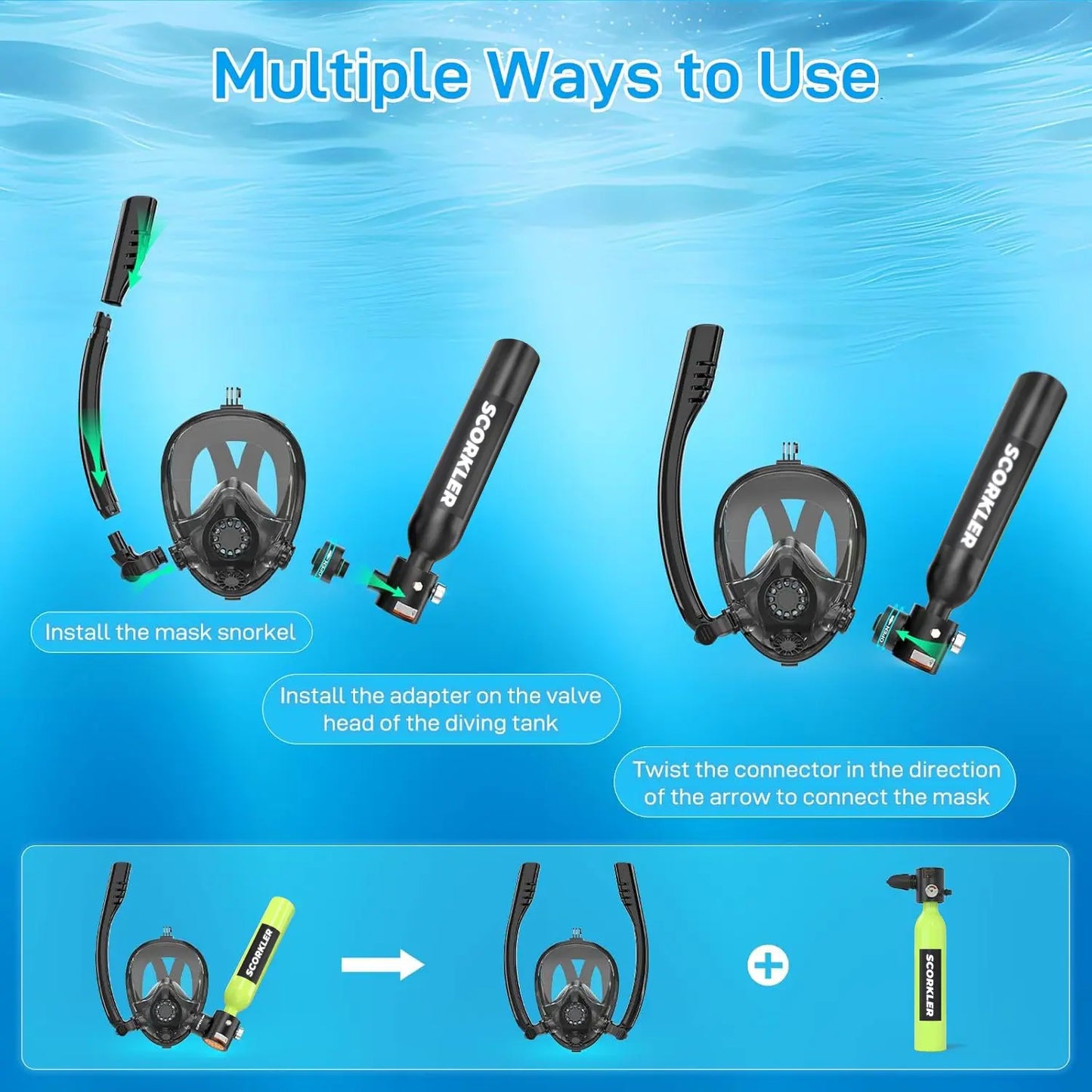 SCORKLER 0.5L Mini Scuba Diving Tank with Snorkeling Full Face Mask And Hand Pump Diving Cylinder Dive Equipment for Adults