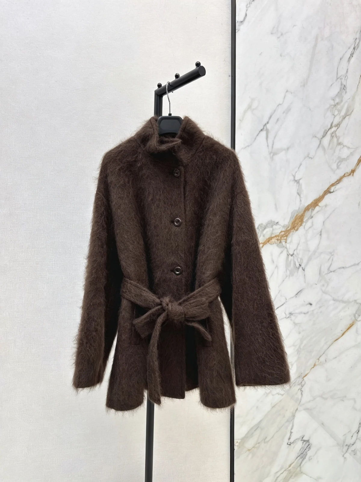 2026 Women Autumn Winter Stand Collar Belted Waist Long Wool Short Coat ZX5701