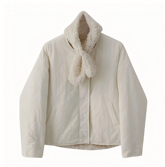 Chic White Winter Coat For Women Loose Fit Padded Jacket With Detachable Fleece Scarf