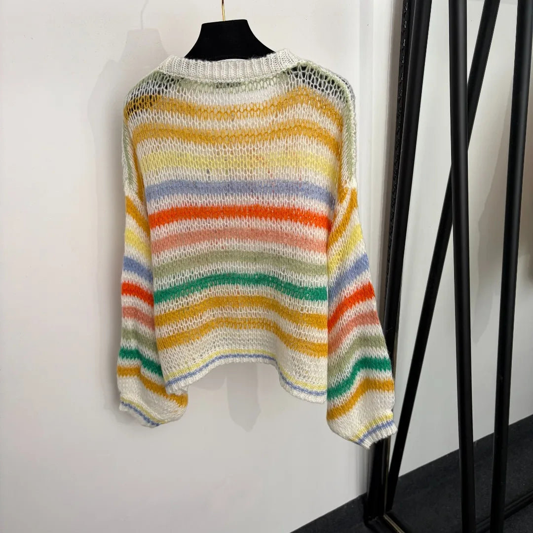 Early Autumn New Style Women's Fashionable Embroidered Contrasting Color Striped Open-front Long-sleeved Mohair Sweater