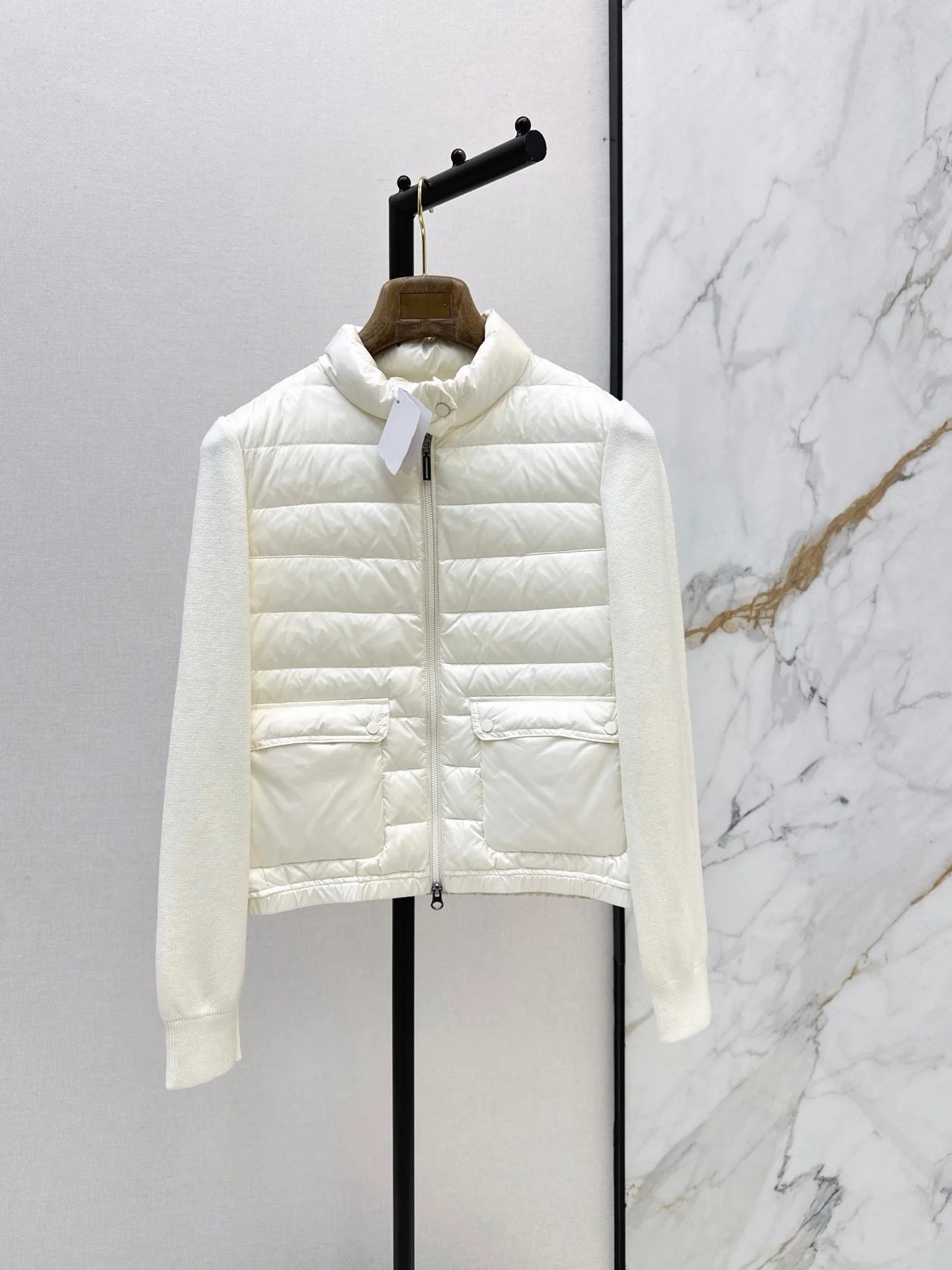 Women 90 Goose Down Puffer Jacket Wool Knit Stand Collar