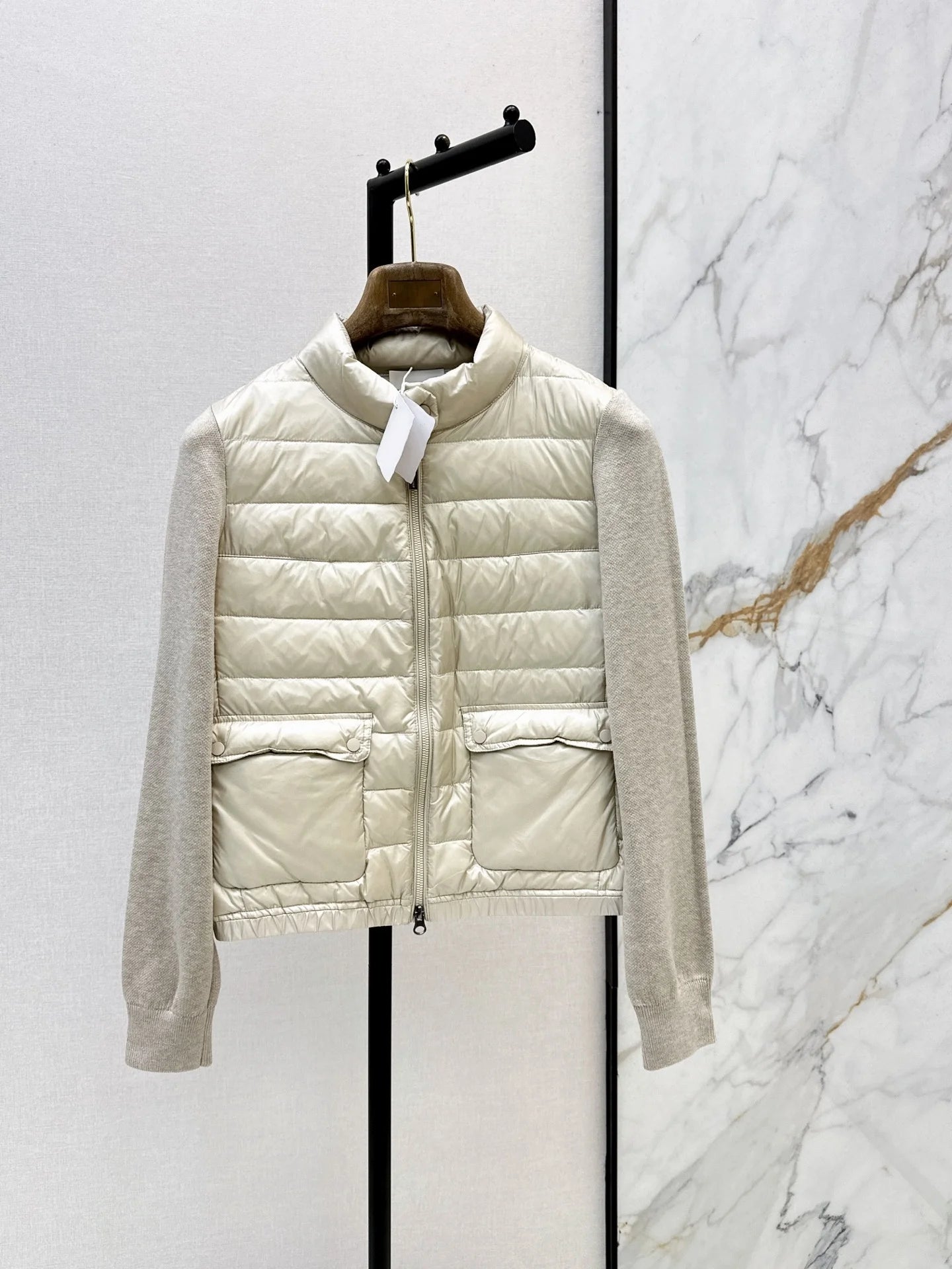 Women 90 Goose Down Puffer Jacket Wool Knit Stand Collar