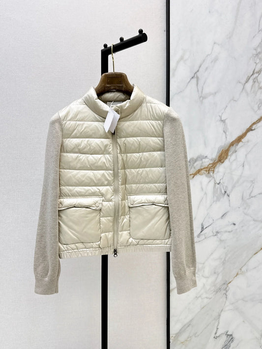 Women 90 Goose Down Puffer Jacket Wool Knit Stand Collar