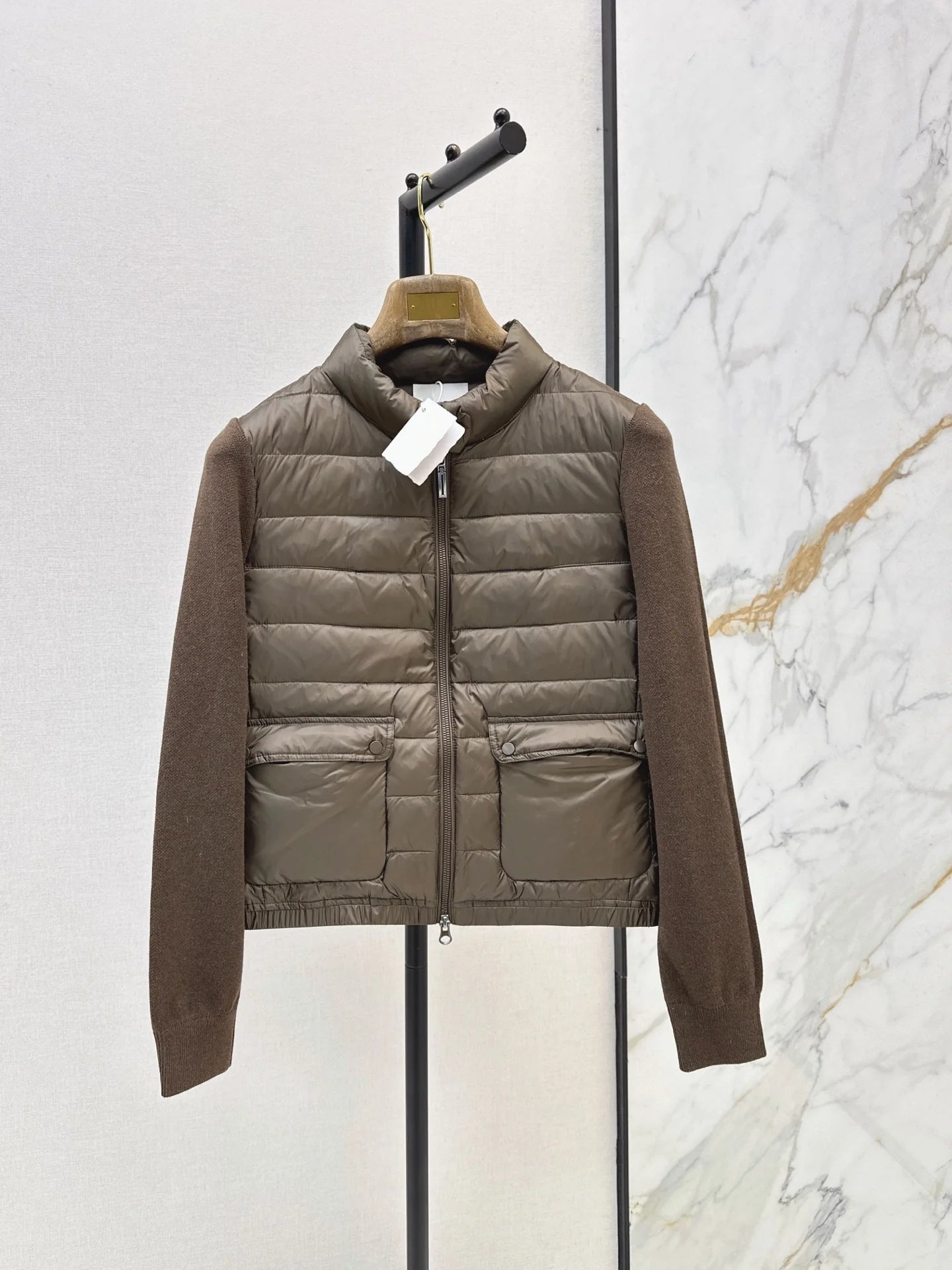 Women 90 Goose Down Puffer Jacket Wool Knit Stand Collar