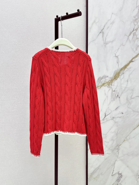 2026 Spring Autumn New Women Old Money Style Color Block Twist Knit Cardigan Long Sleeve Embroidered Sweater Coat