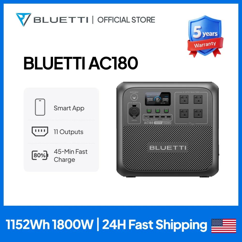 BLUETTI AC180 Portable Power Station LiFePO4 Battery Solar Charging