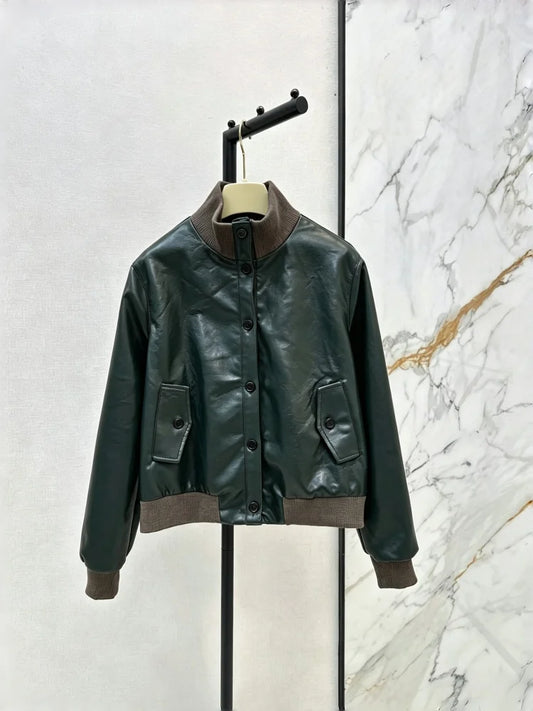 Autumn And Winter Women's PU Leather Jacket Contrasting Splicing Knitted Stand Up Collar Letter Printed Casual Coat 99350400