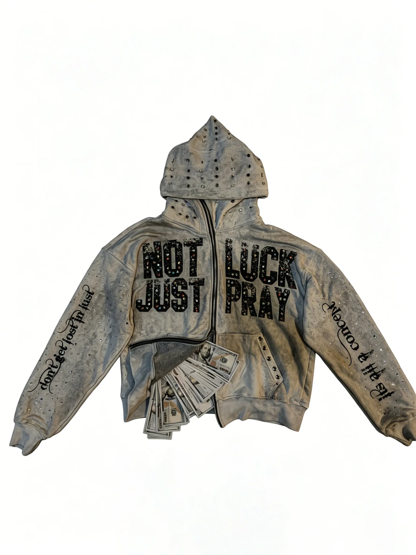 Y2K rhinestone-studded hooded sweatshirt with a NOT JUST LUCK PRAY letter print, perfect for everyday wear.