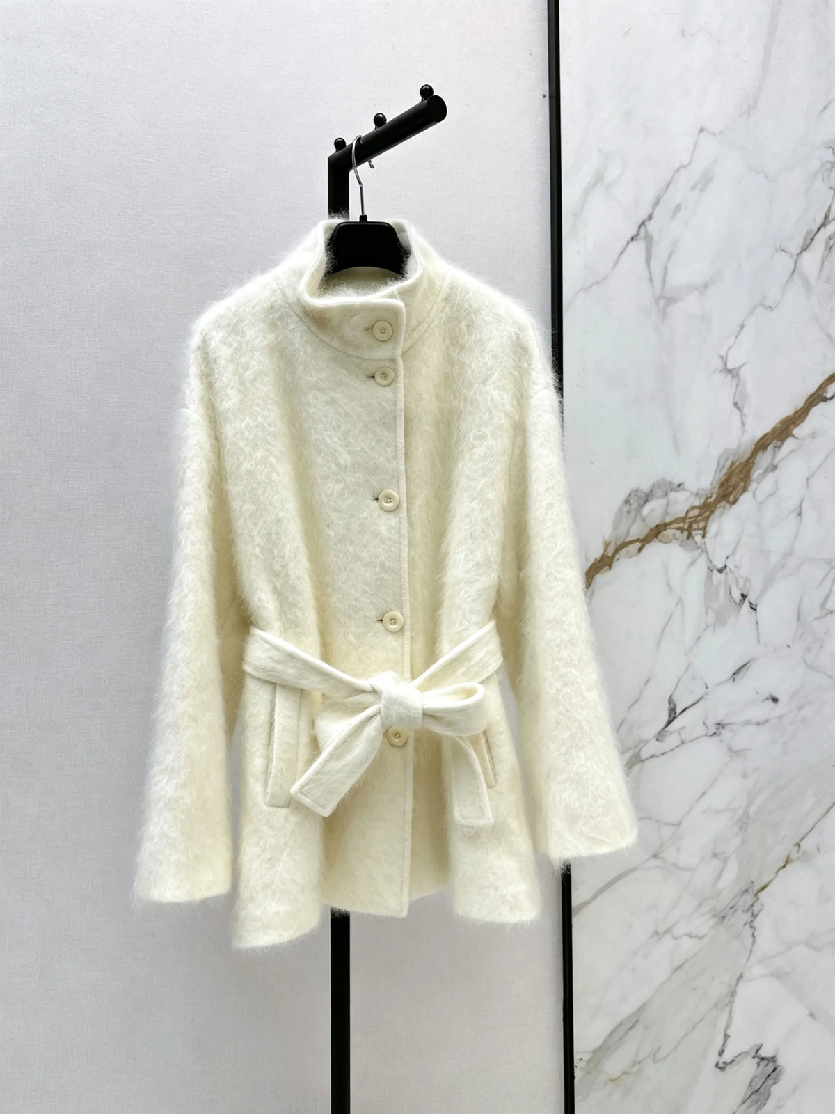2026 Women Autumn Winter Stand Collar Belted Waist Long Wool Short Coat ZX5701