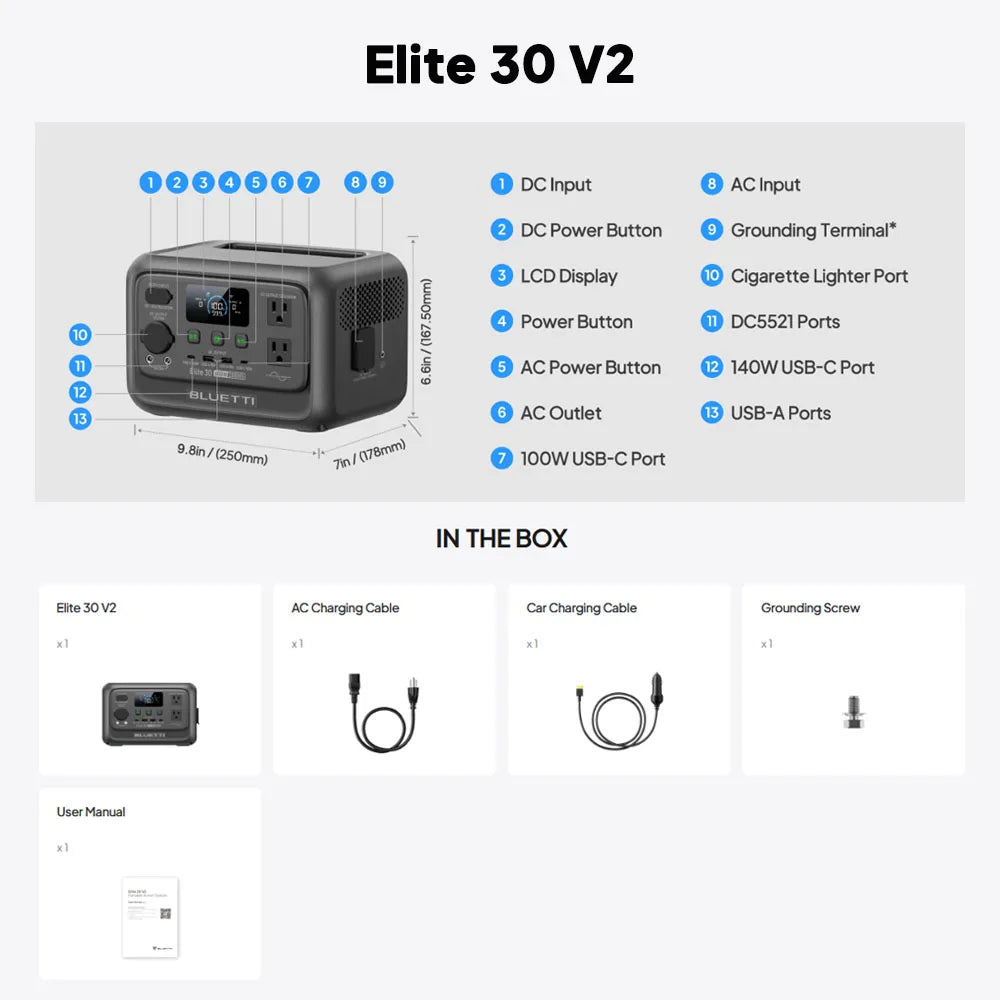 BLUETTI Elite 30 V2 | 288Wh 600W Portable Power Station Lightweight Fast Charging Solar Generator for Home Backup Outdoor
