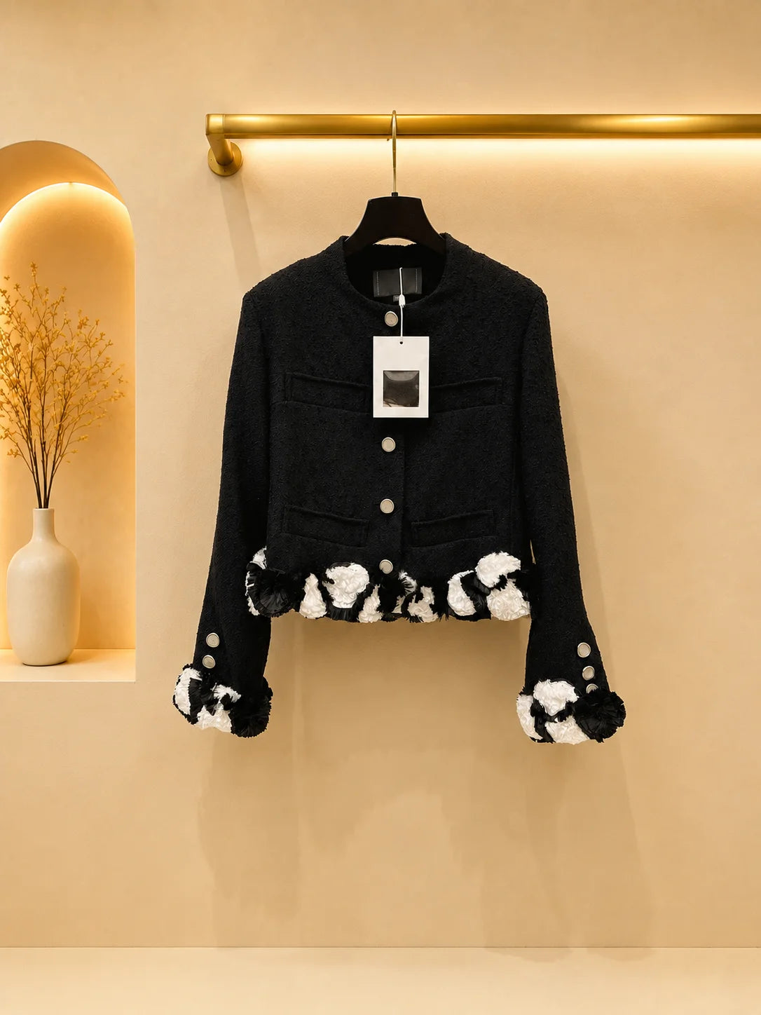 2026 Women Tweed Jacket Crew Neck Round Metal Buttons Cropped Fit 3D Black White Floral Trims On Hem  Cuffs