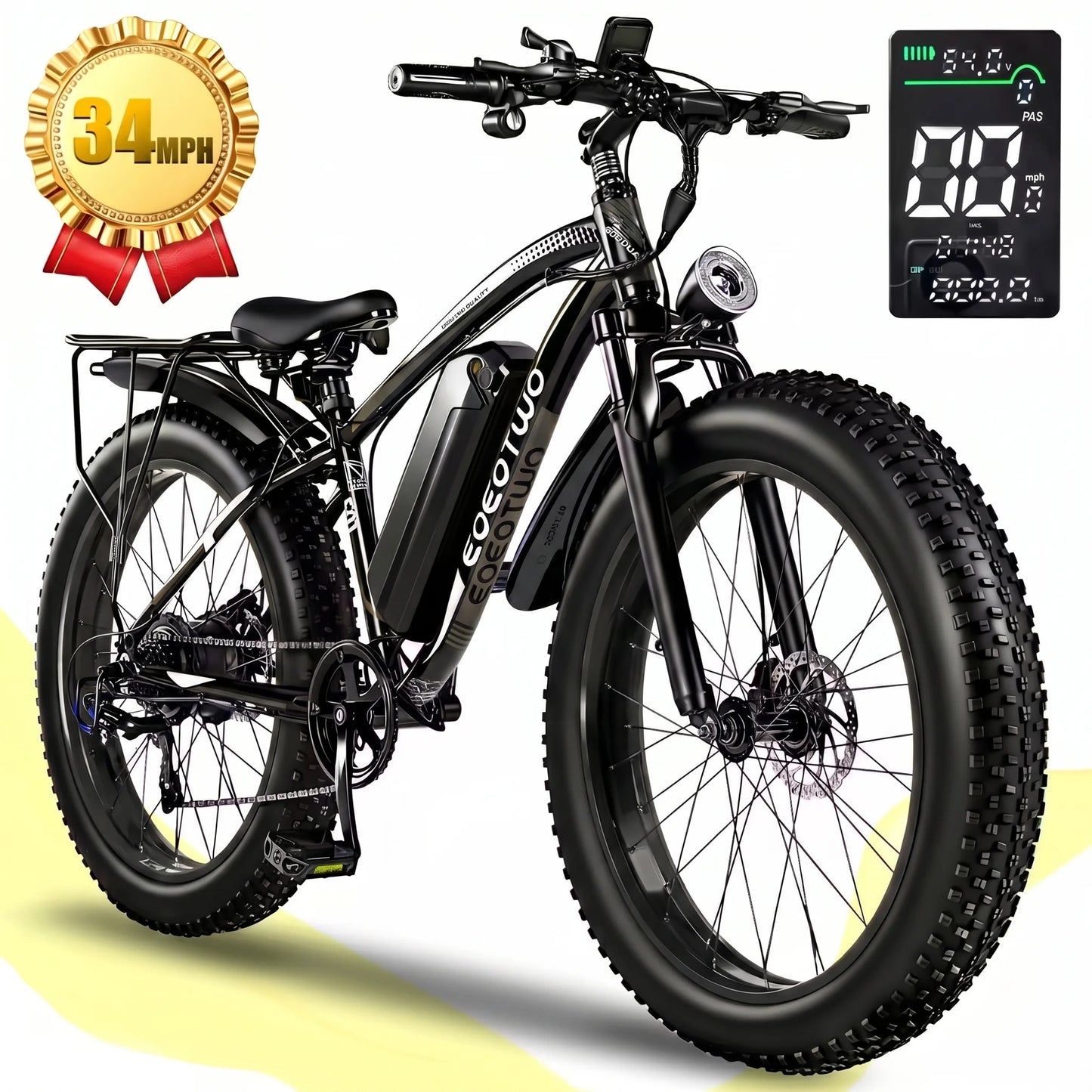 EOEOTWO E01 26" Fat Tire Electric Bike for Adults, 1000W Motor 1500W Peak, 48V 15Ah Battery, 34 MPH Max Speed, Up to 60 Miles Long Range
