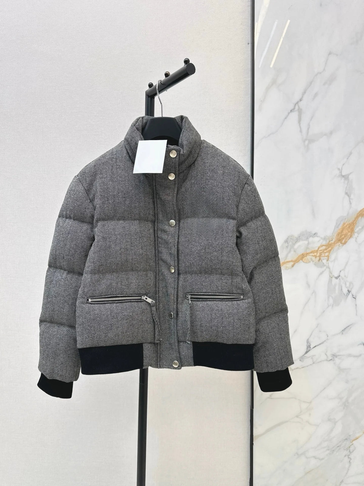 2026 Women Winter Herringbone Stand Collar Short Padded Jacket ZX5732
