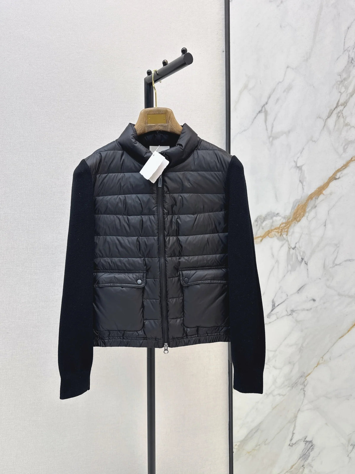 Women 90 Goose Down Puffer Jacket Wool Knit Stand Collar