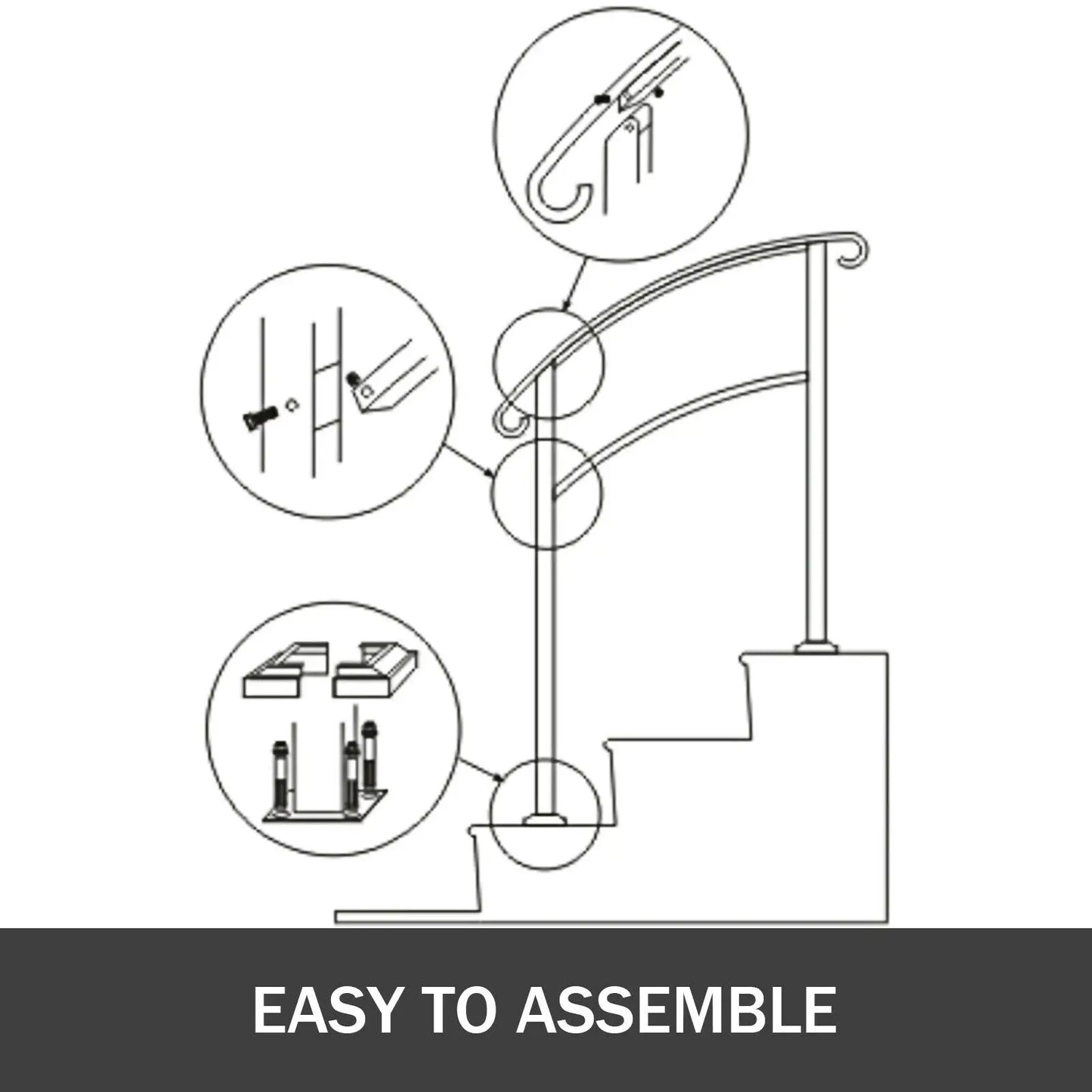 SucceBuy Wrought Iron Handrail Fits 1or5 Steps with Installation Kit Hand Rails for Outdoor Steps Transition Handrail Stair Rail