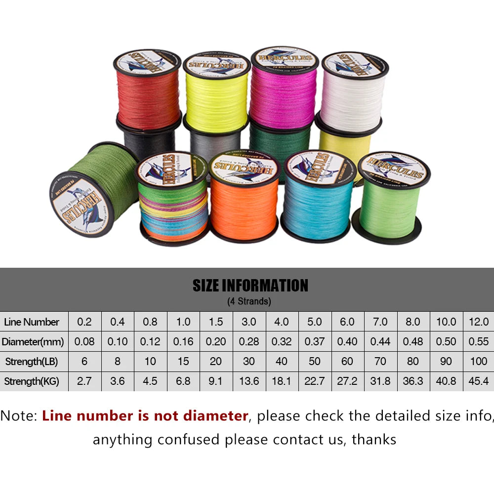 Hercules Braided Fishing Line 4 Strands Multifilament  500m Carp PE Fishing Line Cord Smooth 6-100LB SUPER POWER 4 Threads