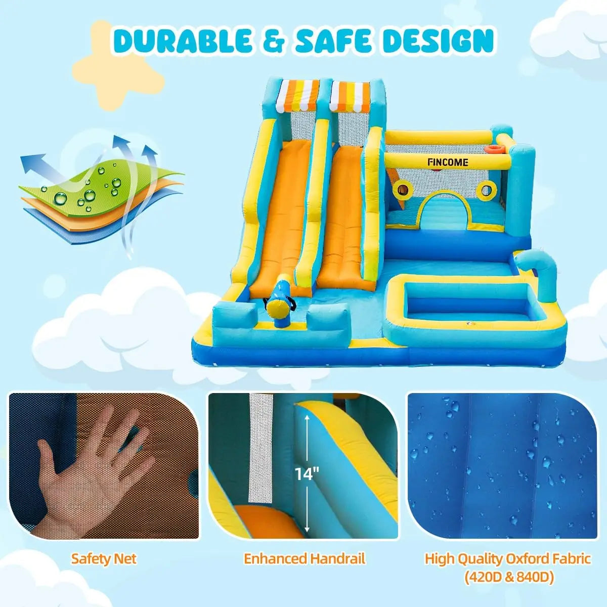 FINCOME Inflatable Bounce House, 10 in 1 Double Water Slide Bounce House with 750W Blower, Climbing Wall, Jumping, Water Gun, Sp