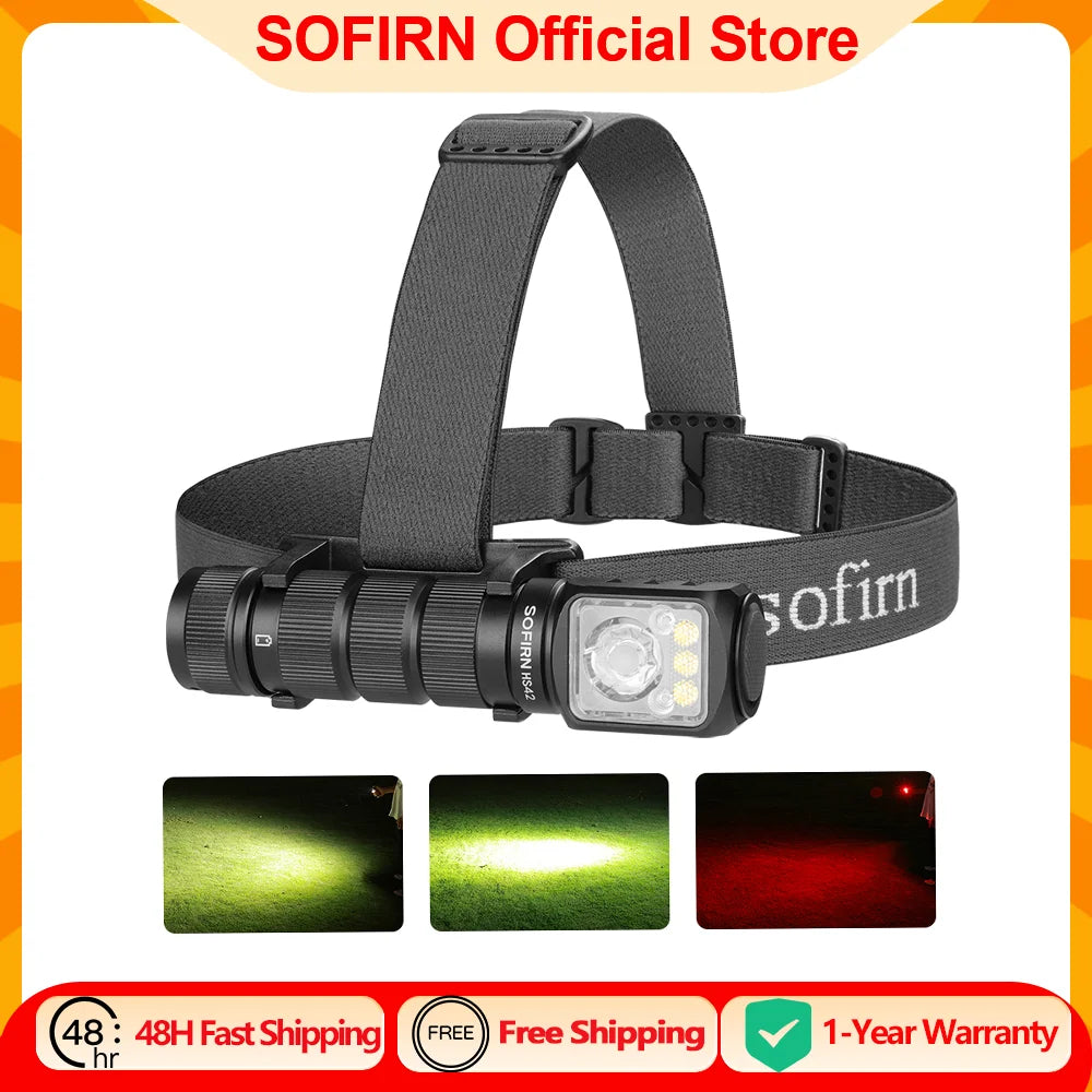 SOFIRN HS42 2100lm Headlamp 18650 USB C Rechargeable RED LED Flashlight SST40 LED EDC Torch with Magnetic for Camping