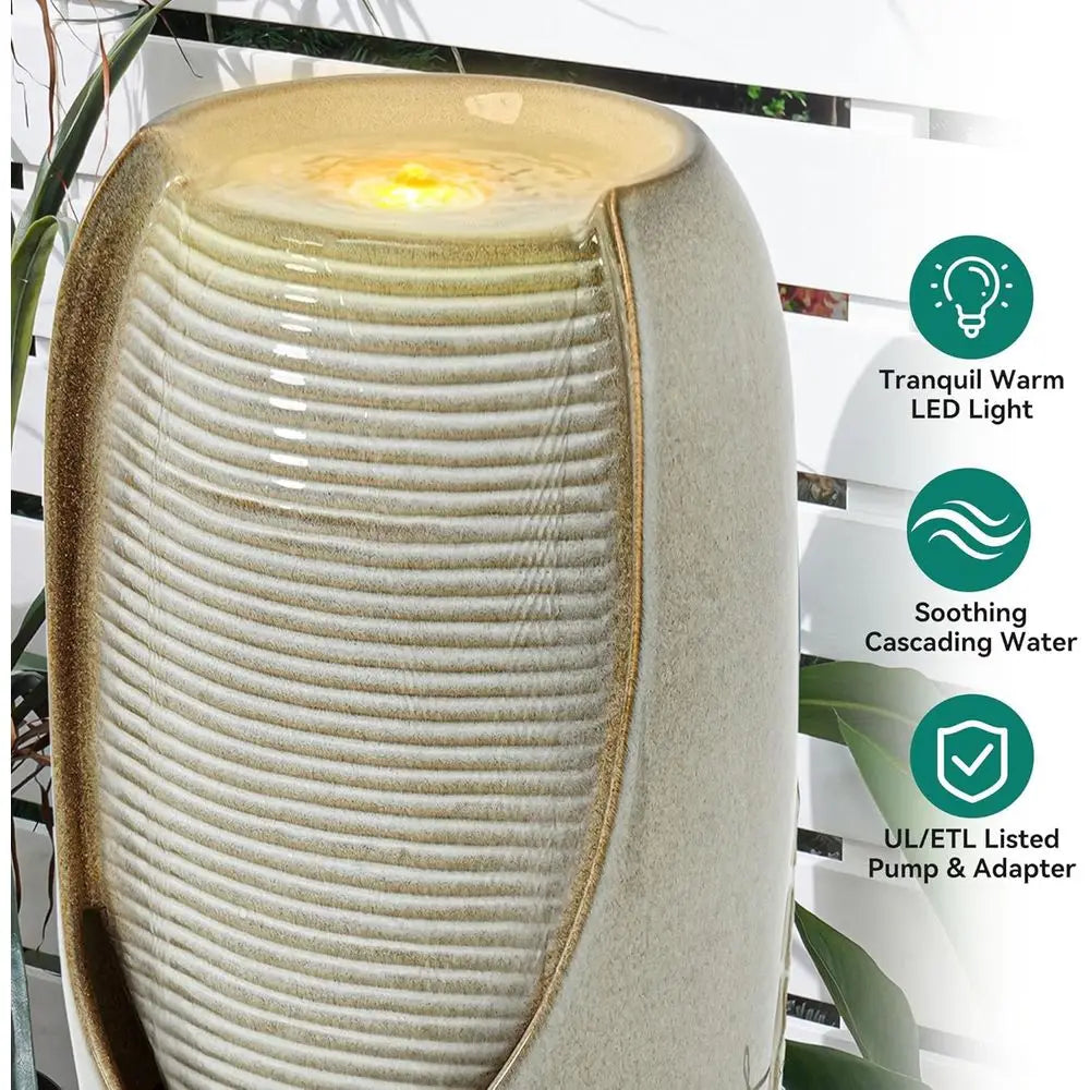 32-inch Outdoor LED Lighted Garden Fountain with 3D Tropical Leaves, Beige Glaze, for Relaxing Patio or Yard