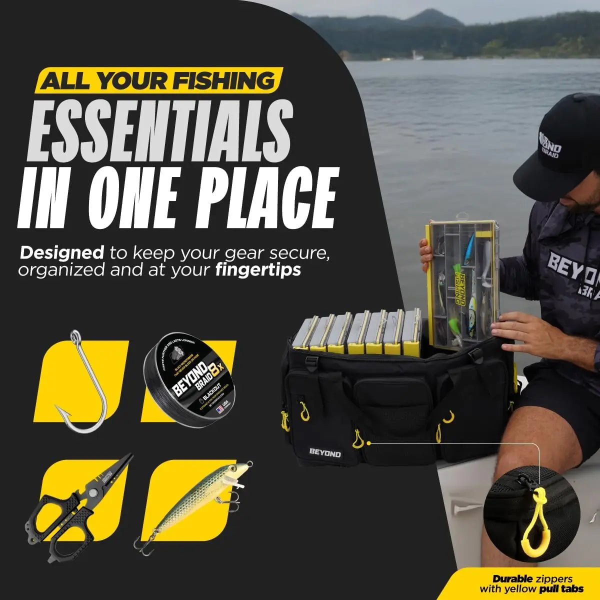 Fishing Tackle Bag with Hard Molded Bottom, Water Resistant for Saltwater & Freshwater Gear Storage, Holds Tackle Boxes and