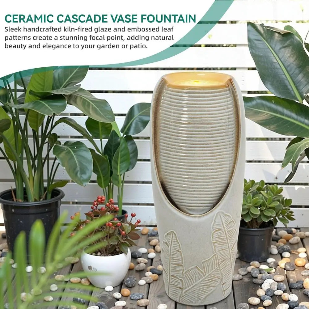 32-inch Outdoor LED Lighted Garden Fountain with 3D Tropical Leaves, Beige Glaze, for Relaxing Patio or Yard