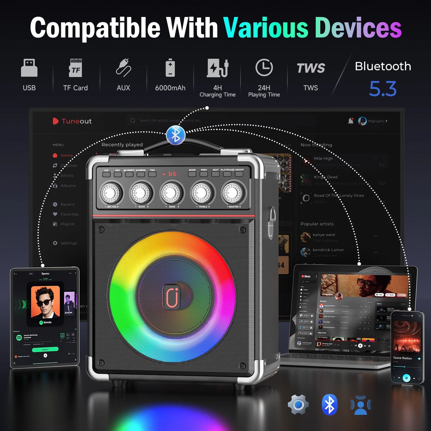 FanFun Karaoke Speaker Bluetooth With 2 Microphones And LED Light