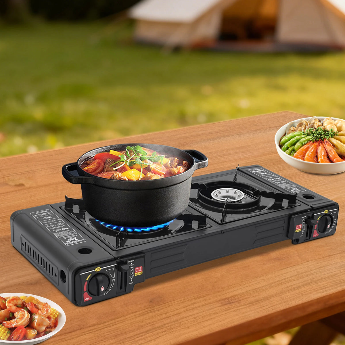 Portable Double Burner Gas Camping Stove With Piezo Ignition Case