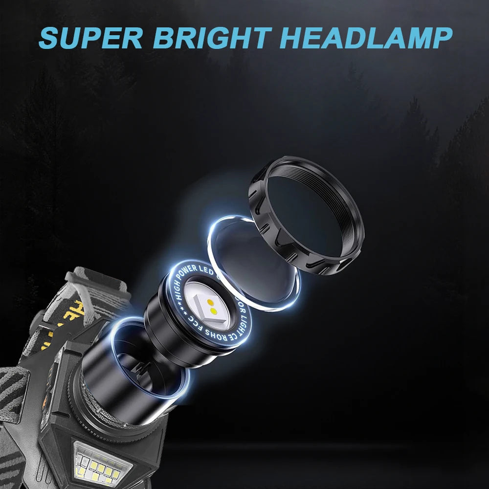 New Rechargeable LED Headlamp Motion Sensor 12 Gears Super Bright Long Range Flashlight Waterproof Head Lantern Fishing Hunting