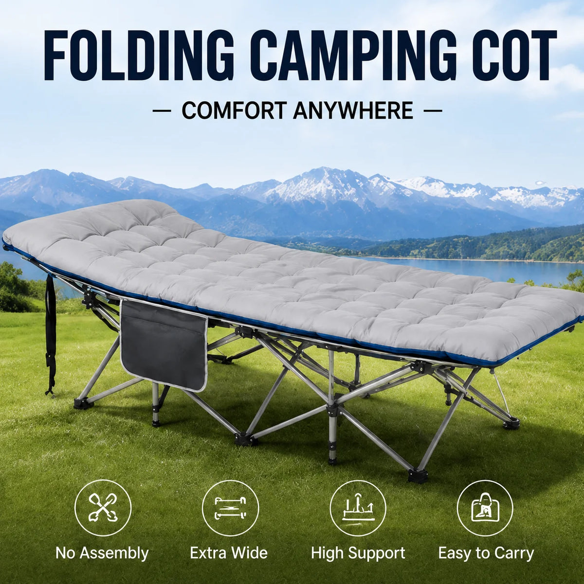 Folding Camping Cot With Mattress And Heavy Duty Steel Frame