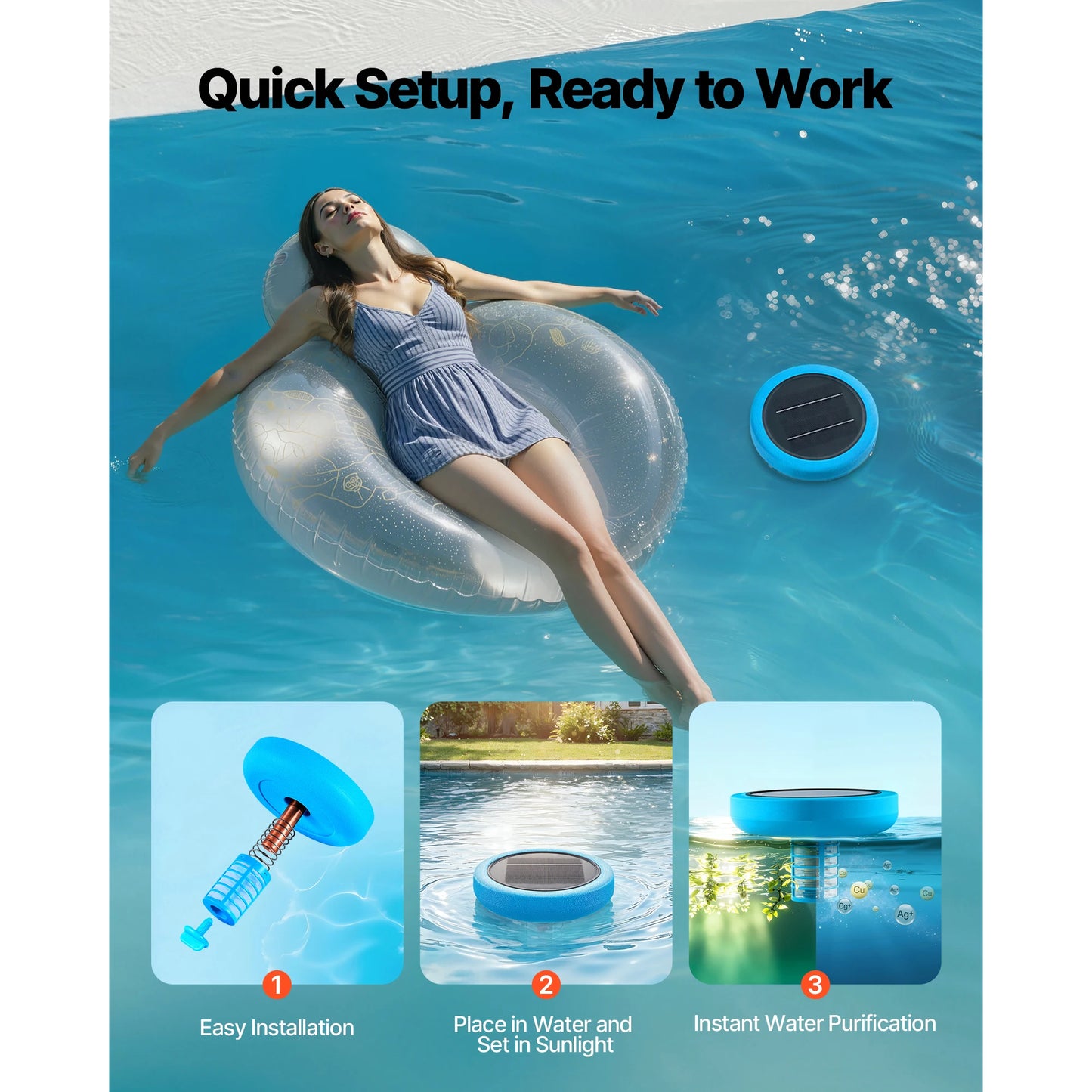 SucceBuy Solar Pool Ionizer Round Copper Floating Automatic Purifier Chlorine Free Water with Brush and Filter for Pools & Spas