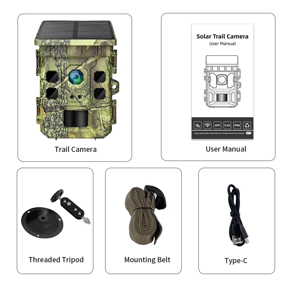 365 Days Solar-Powered Mini Trail Camera Waterproof WIFI APP Wildlife Hunting Camera for Farm Home Safety