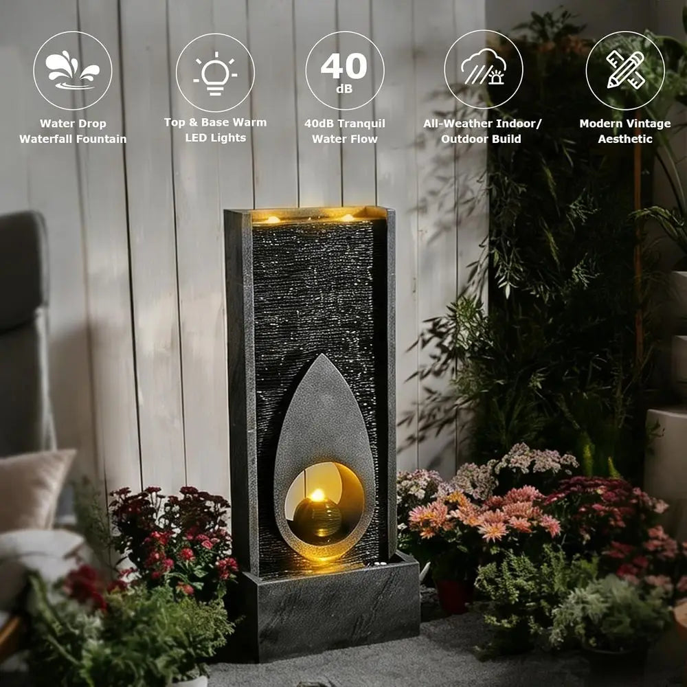 Indoor/Outdoor 46.5 Tall Sphere Fountain with LED Lights for Home and Garden Decor