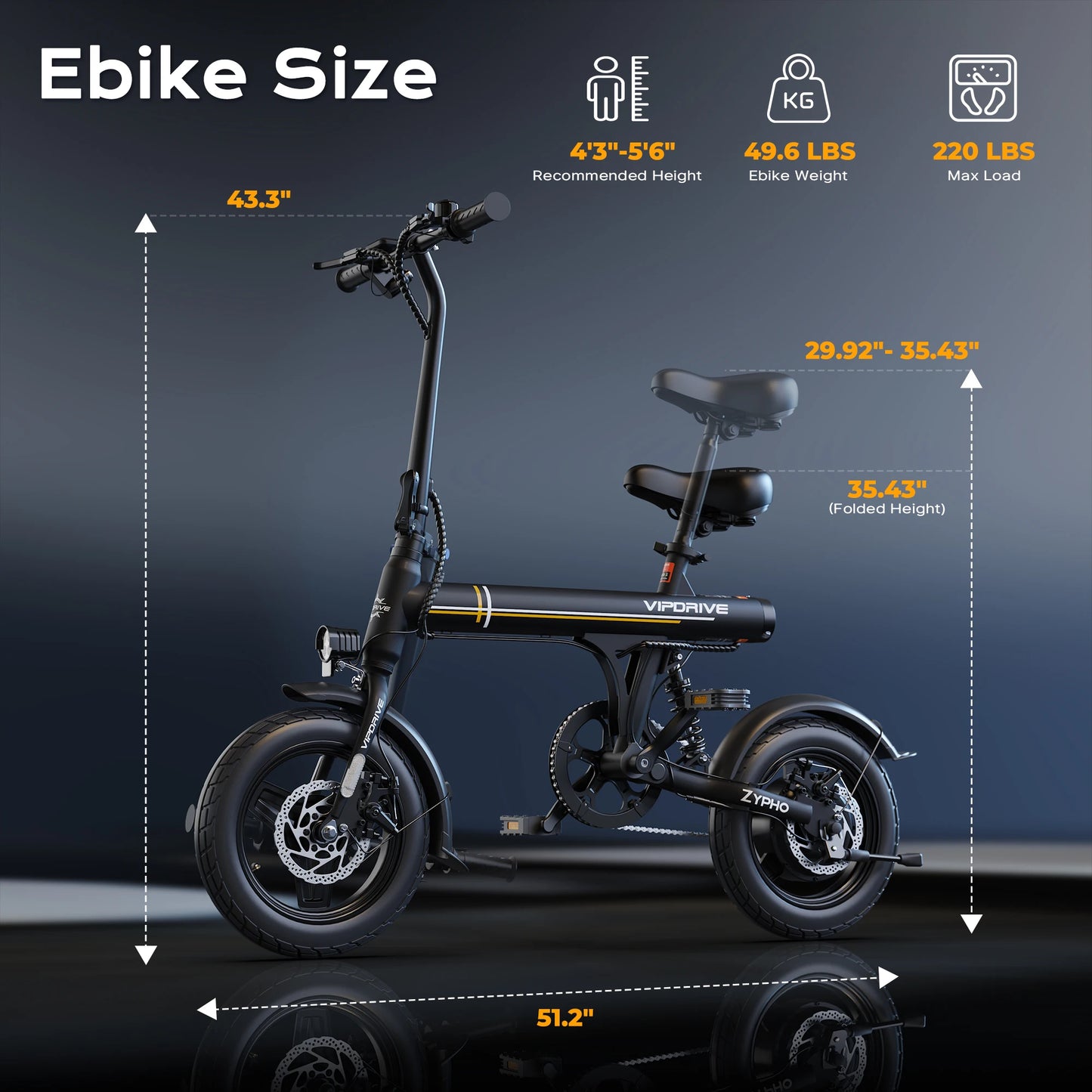 VIPDRIVE Zypho Adult Electric Bike, 500W peak motor, 36V 7.8Ah battery, 14"Tire Commuter E-Bike,20MPH,UL2849, 1-Year Warranty