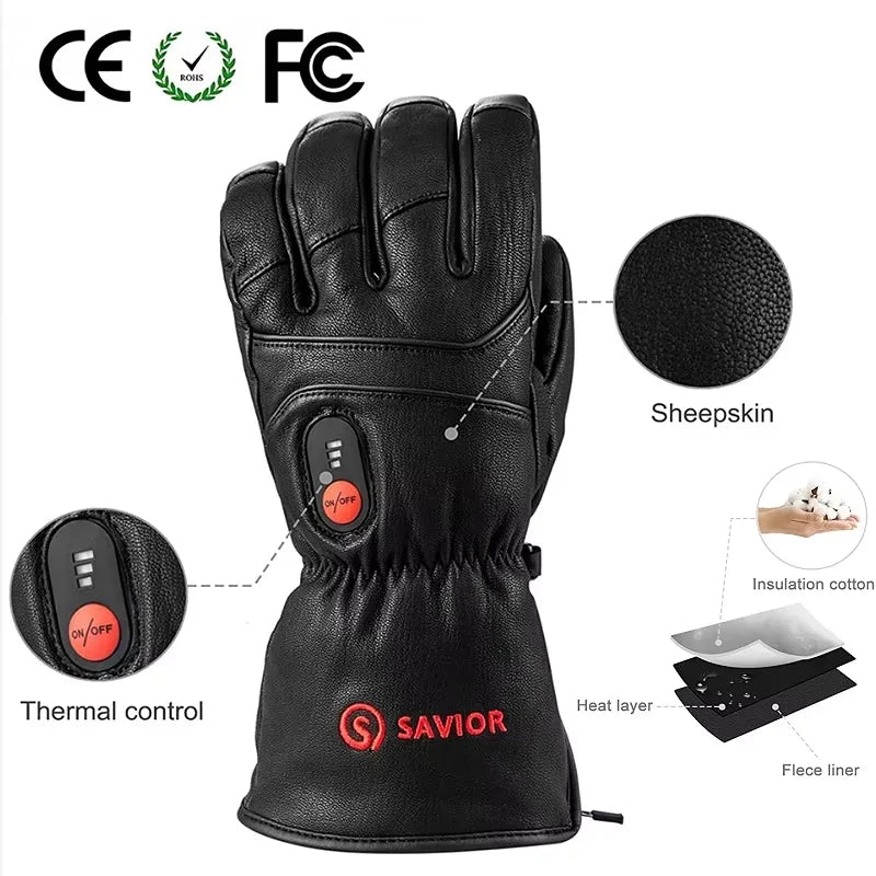 Savior Heat Winter Outdoor Sports Genuine Leather Sheepskin Electric Heating Gloves Motorcycle Gloves Hiking Gloves Waterproof